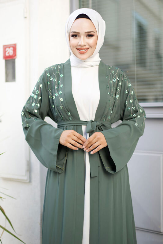 Dal Desenli Tesettür Abaya TSD240724 Yeşil - 2