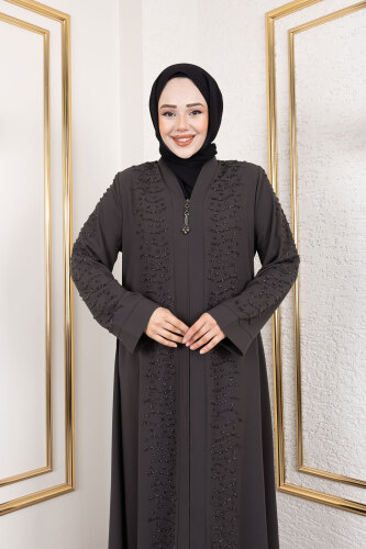 Dalga Taş Detaylı Abaya TSD250166 Antrasit - Tesettür Dünyası (1)