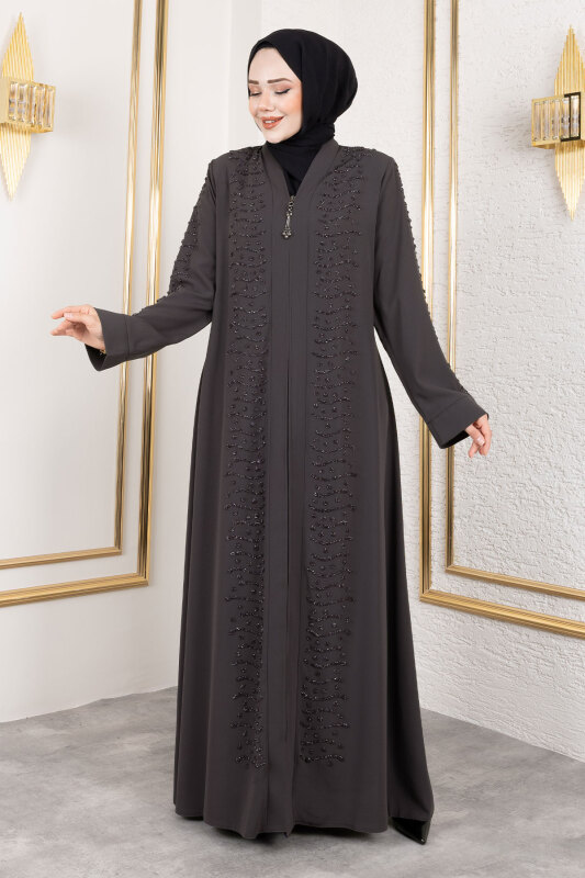 Dalga Taş Detaylı Abaya TSD250166 Antrasit - Tesettür Dünyası