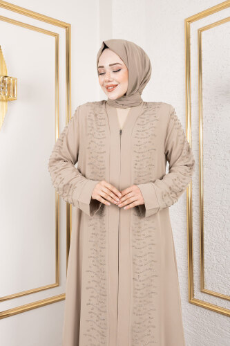Dalga Taş Detaylı Abaya TSD250166 Bej - Tesettür Dünyası (1)