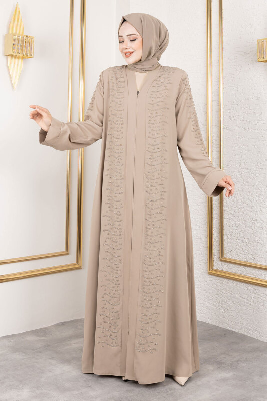 Dalga Taş Detaylı Abaya TSD250166 Bej - Tesettür Dünyası