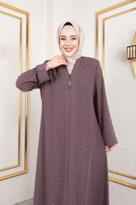 Dalga Taş Detaylı Abaya TSD250166 Gül Kurusu - Tesettür Dünyası (1)