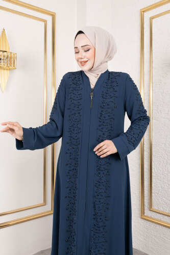 Dalga Taş Detaylı Abaya TSD250166 Petrol - Tesettür Dünyası (1)