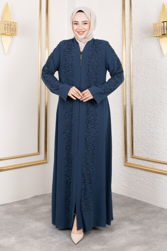Dalga Taş Detaylı Abaya TSD250166 Petrol 
