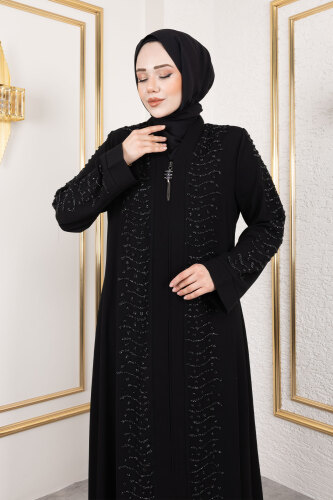 Dalga Taş Detaylı Abaya TSD250166 Siyah - Tesettür Dünyası (1)