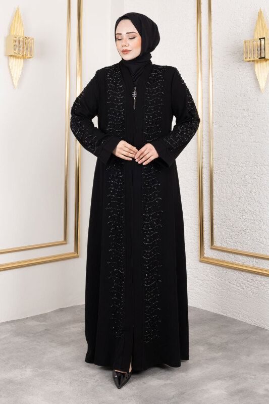 Dalga Taş Detaylı Abaya TSD250166 Siyah - Tesettür Dünyası