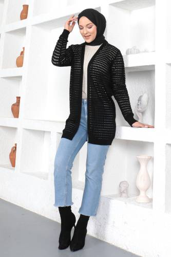 Delikli Triko Hırka TSD230354 Siyah - Tesettür Dünyası (1)