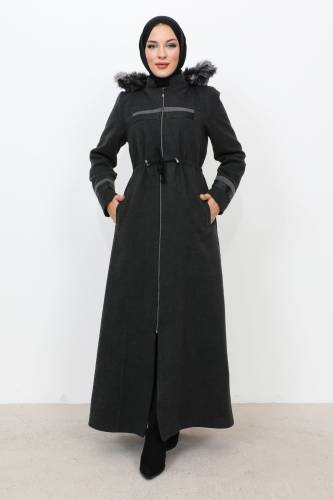 Deri Detaylı Boydan Fermuarlı Kaşe Kaban TSD231116 Antrasit 