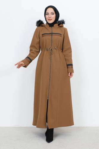 Deri Detaylı Boydan Fermuarlı Kaşe Kaban TSD231116 Camel 