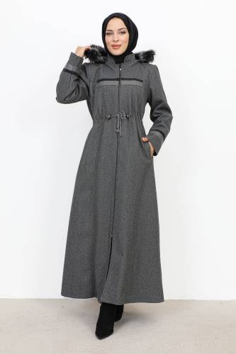 Deri Detaylı Boydan Fermuarlı Kaşe Kaban TSD231116 Füme 