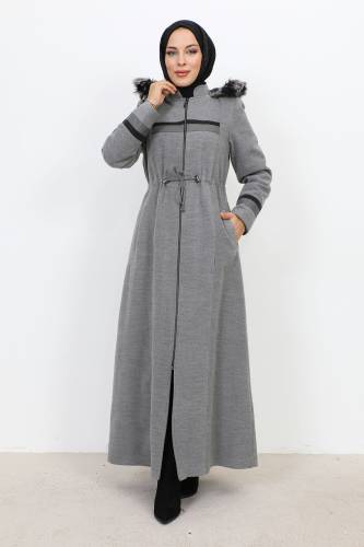 Deri Detaylı Boydan Fermuarlı Kaşe Kaban TSD231116 Gri 