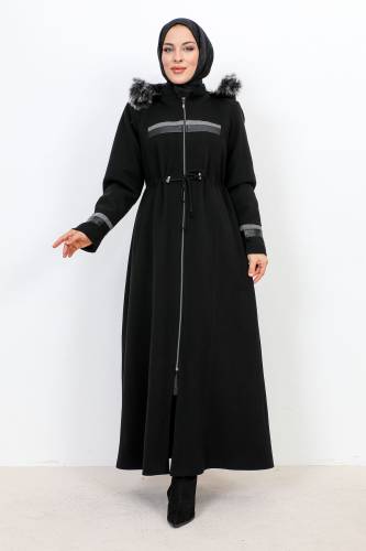 Deri Detaylı Boydan Fermuarlı Kaşe Kaban TSD231116 Siyah 