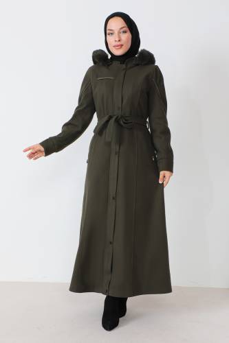 Deri Detaylı Tam Boy Kaşe Kaban TSD230811 Haki 