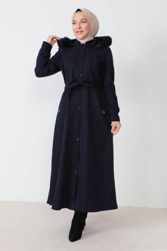 Deri Detaylı Tam Boy Kaşe Kaban TSD230811 Lacivert 