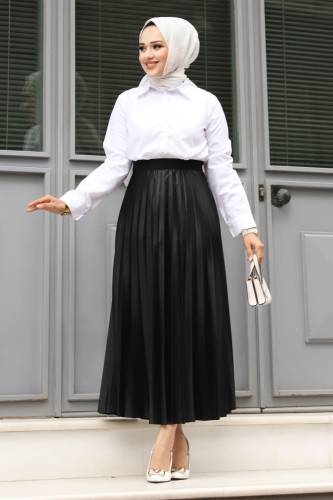 Deri Görünümlü Beli Lastikli Pileli Etek TSD240503 Siyah - Tesettür Dünyası