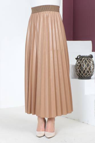 Deri Görünümlü Pileli Etek TSD221001 Camel 