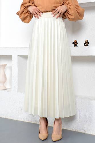 Deri Görünümlü Pileli Etek TSD221001 Ekru 