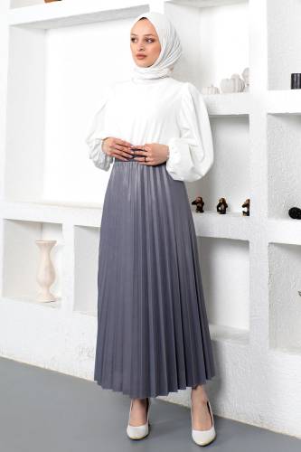 Deri Görünümlü Pileli Etek TSD221001 Gri - 1