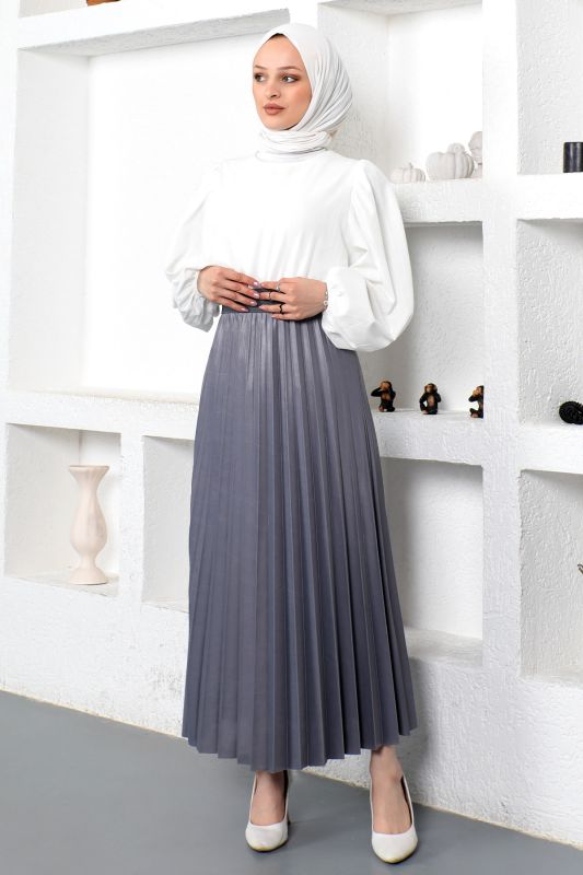 Deri Görünümlü Pileli Etek TSD221001 Gri - 1