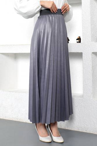 Deri Görünümlü Pileli Etek TSD221001 Gri - 2