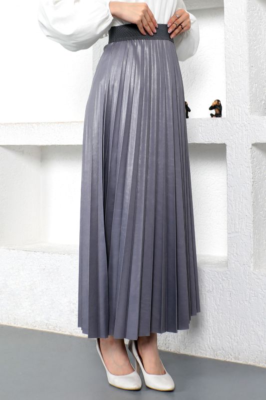 Deri Görünümlü Pileli Etek TSD221001 Gri - 2