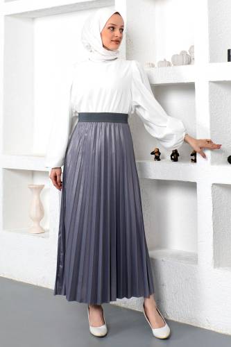 Deri Görünümlü Pileli Etek TSD221001 Gri - 3