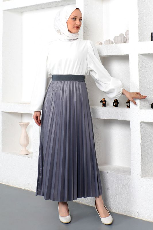 Deri Görünümlü Pileli Etek TSD221001 Gri - 3