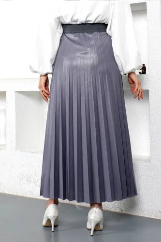 Deri Görünümlü Pileli Etek TSD221001 Gri - 4