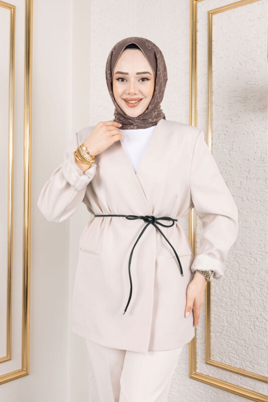 Deri Kemerli Blazer Ceket TSD250141 Bej - 2
