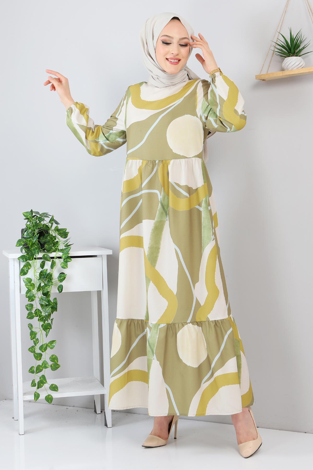 Tesettür Dünyası - Desenli Elbise TSD220246 Yeşil