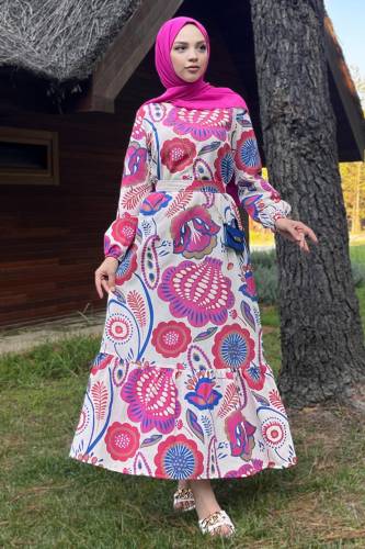 Desenli Elbise TSD220851 Pembe - Tesettür Dünyası (1)