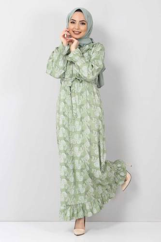 Tesettür Dünyası - Desenli Fırfırlı Elbise TSD2817 Yeşil (1)