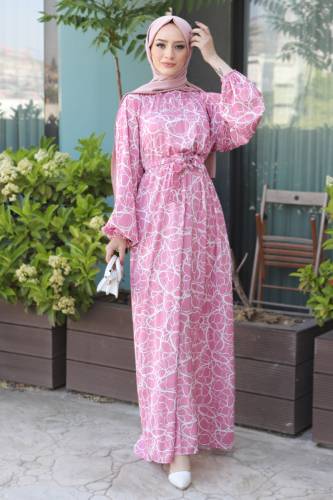 Desenli Kemerli Elbise TSD220546 Pembe 