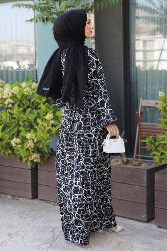 Desenli Kemerli Elbise TSD220546 Siyah - 5