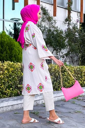 Desenli Kimono TSD220852 Fuşya - 5