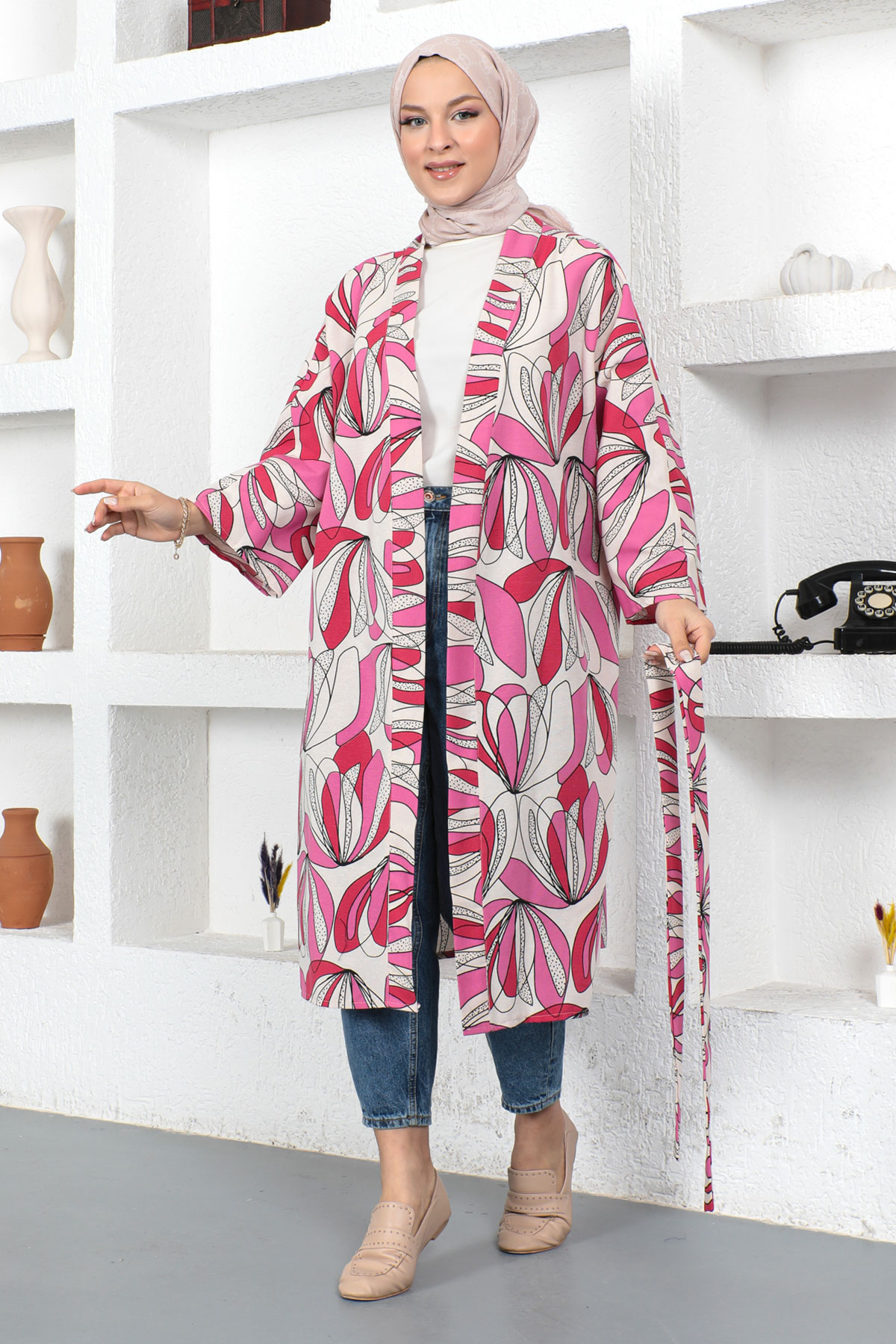 Tesettür Dünyası - Desenli Kimono TSD230428 Pembe
