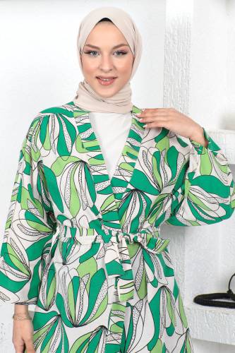 Desenli Kimono TSD230428 Yeşil - Tesettür Dünyası (1)