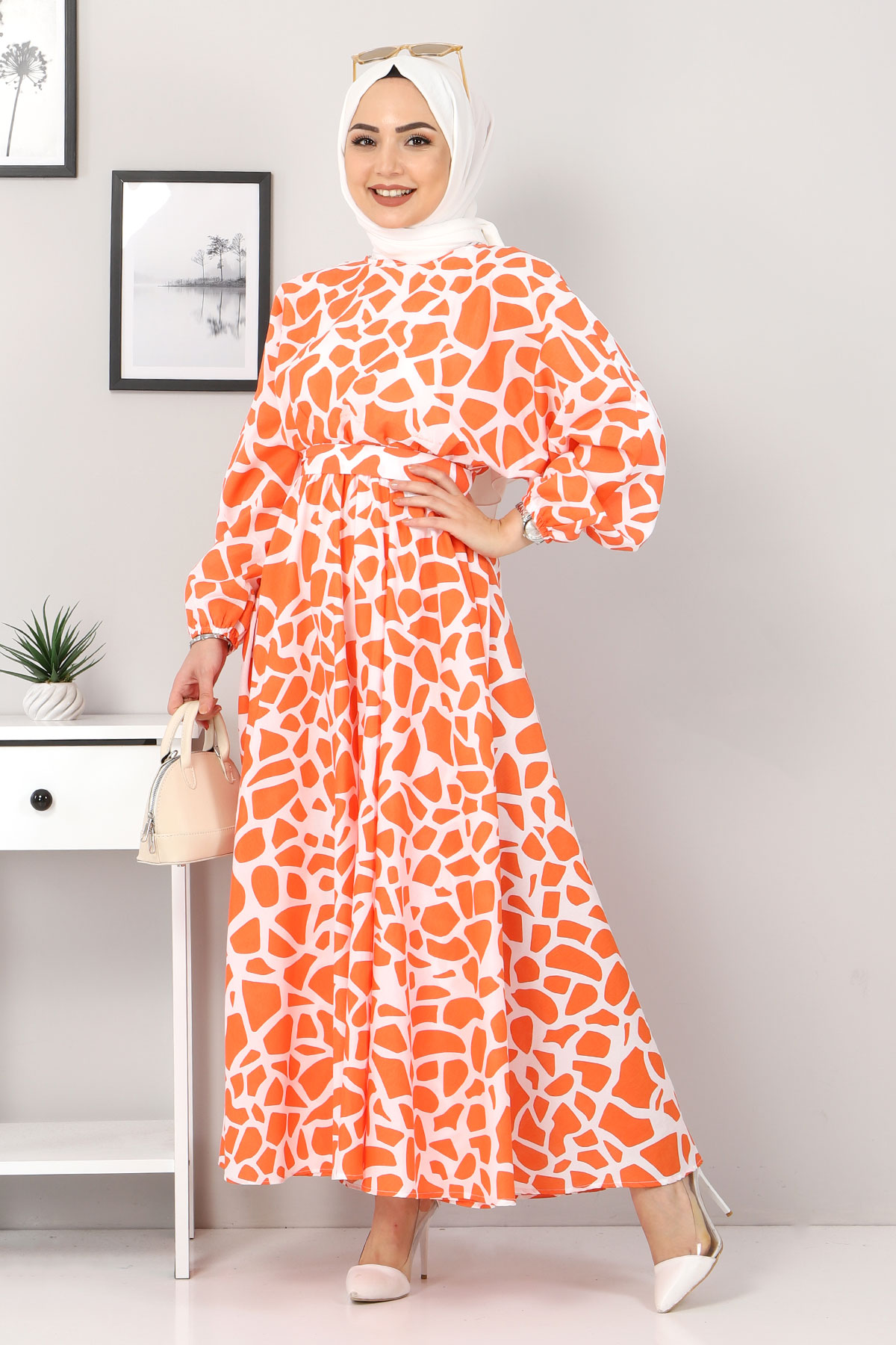 Tesettür Dünyası - Women's Printed Dress TSD4414 Orange