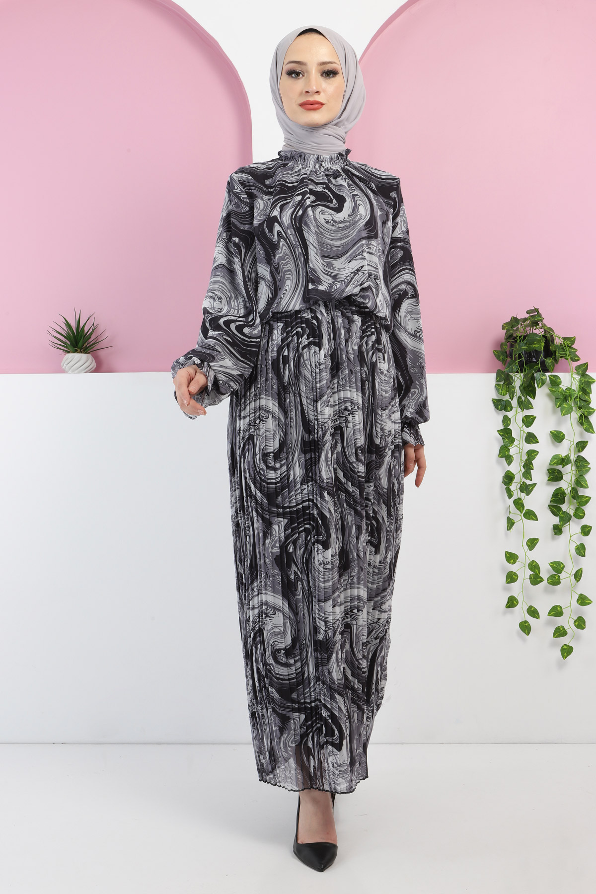 Tesettür Dünyası - Desenli Şifon Elbise TSD220502 Siyah