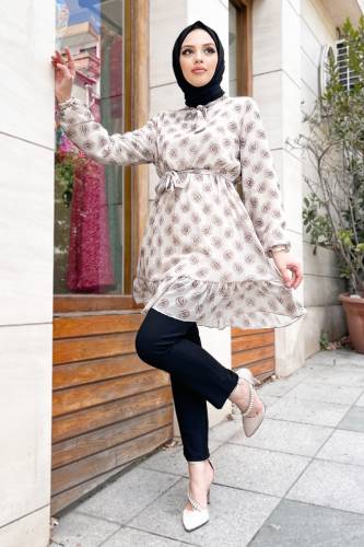 Desenli Şifon Tunik TSD220805 Bej 