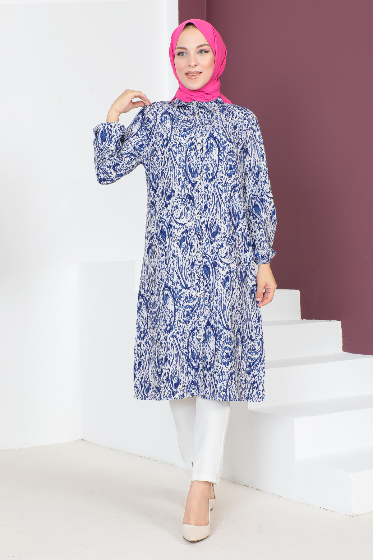 Tesettür Dünyası - Desenli Uzun Boy Tunik TSD230706 Mavi