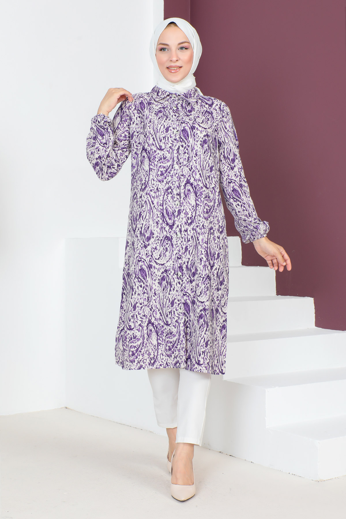 Tesettür Dünyası - Desenli Uzun Boy Tunik TSD230706 Mor