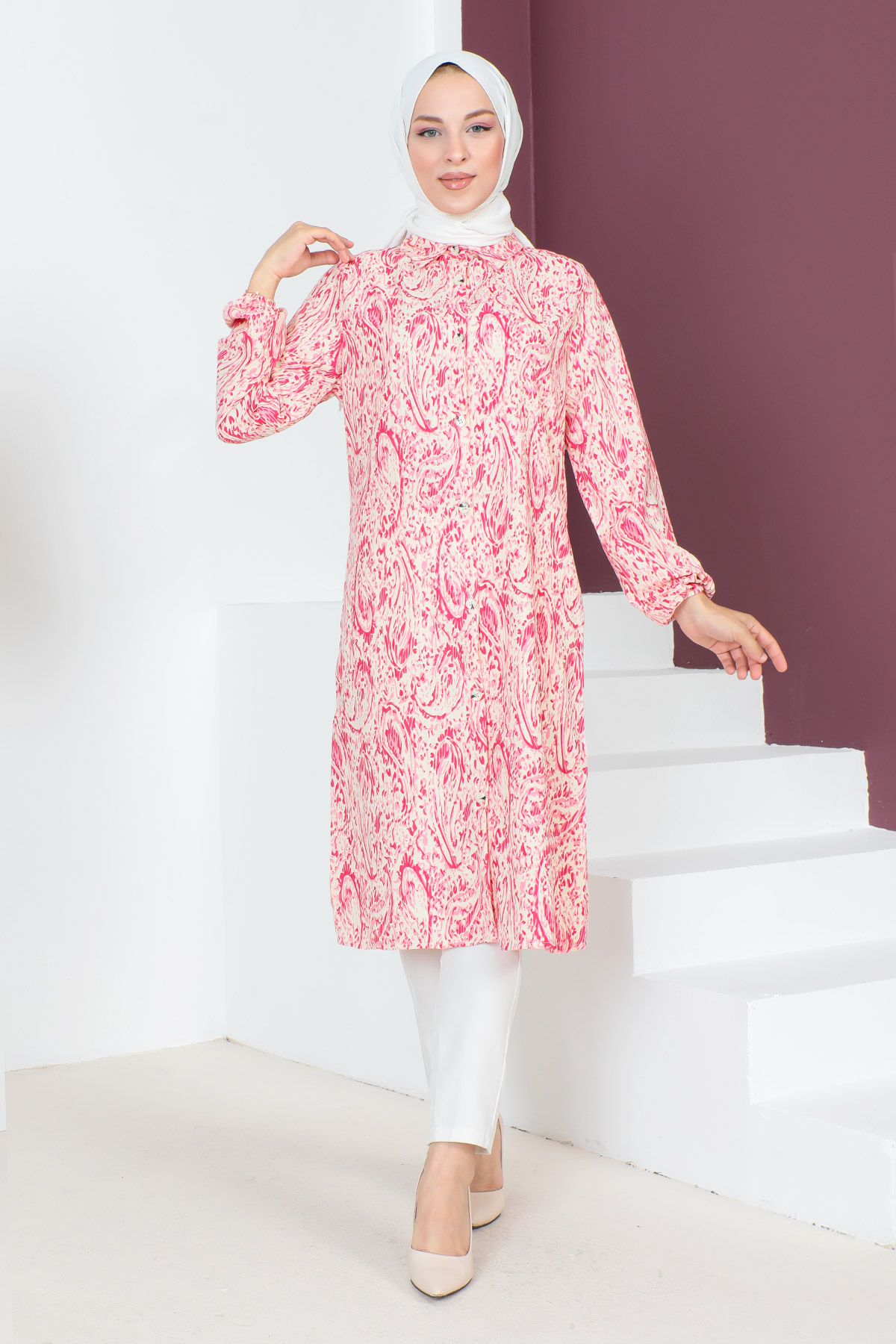 Tesettür Dünyası - Desenli Uzun Boy Tunik TSD230706 Pembe
