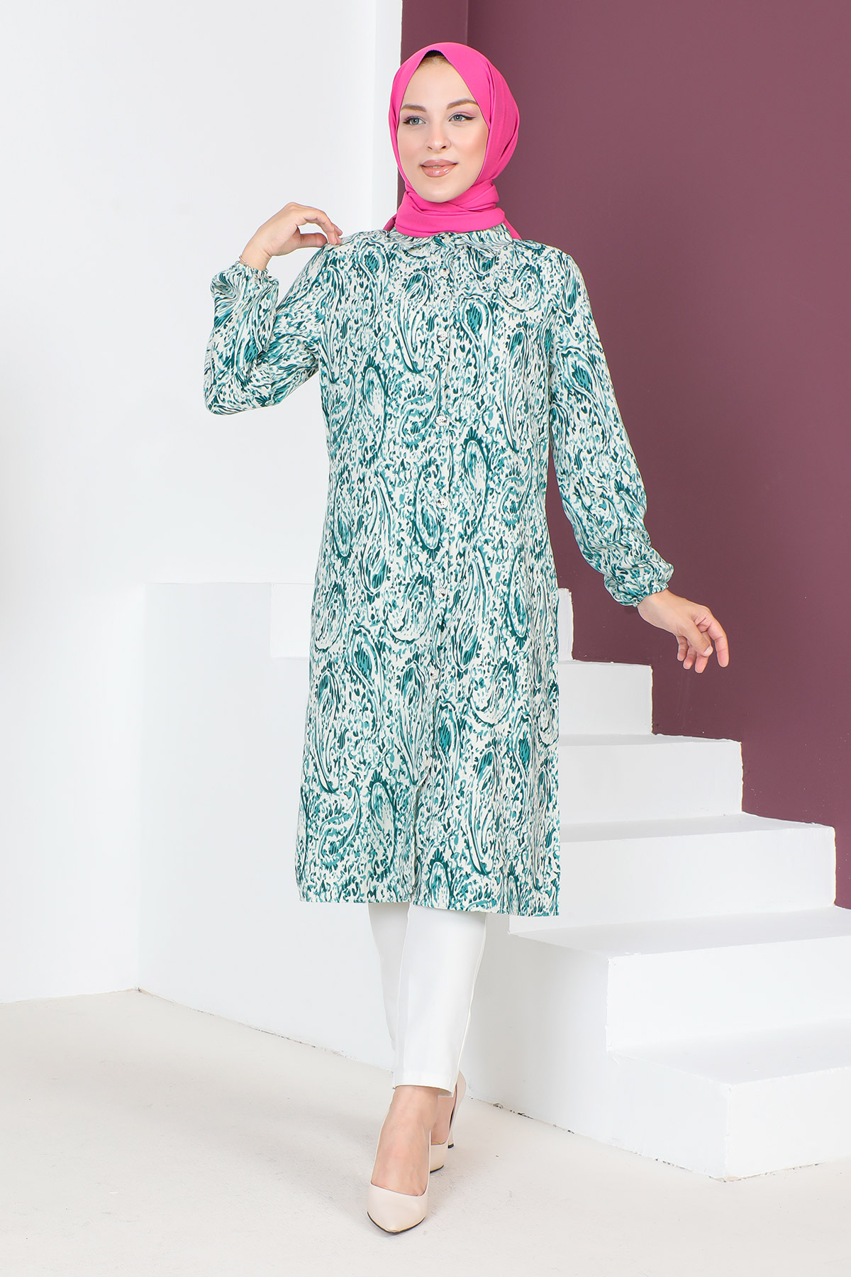 Tesettür Dünyası - Desenli Uzun Boy Tunik TSD230706 Yeşil