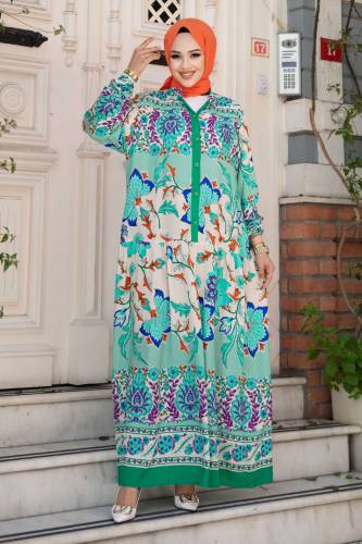 Önü Düğmeli Çiçek Desenli Elbise TSD240508 Yeşil - Tesettür Dünyası