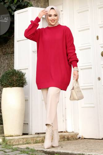 Dikey Çizgi Kabartmalı Triko Tunik TSD240214 Fuşya 
