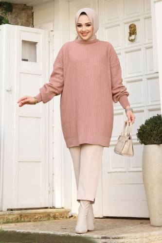 Dikey Çizgi Kabartmalı Triko Tunik TSD240214 Gül Kurusu 