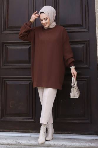 Dikey Çizgi Kabartmalı Triko Tunik TSD240214 Kahverengi 