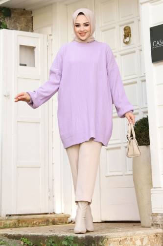 Dikey Çizgi Kabartmalı Triko Tunik TSD240214 Lila 