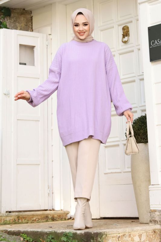 Dikey Çizgi Kabartmalı Triko Tunik TSD240214 Lila - 1